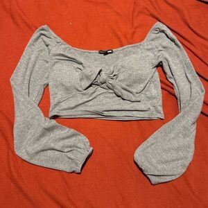 Fashion Nova Gray Ribbed Tie Front Crop Top-medium